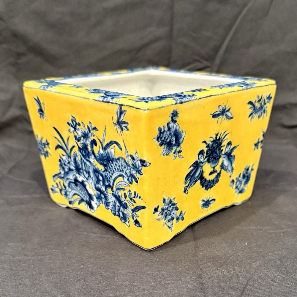 ANTIQUE 1897 United Wilson Porcelain Jardiniere Planter w/Cherubs Yellow & Blue